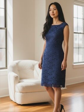 Lauren Ralph Lauren Navy Blue Lace Sheath Dress Women’s Size 8 Cocktail Formal